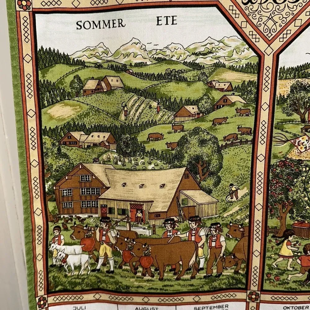 Vintage 1985 Alba cotton calendar tea towel/European scenes of the four‎ seasons